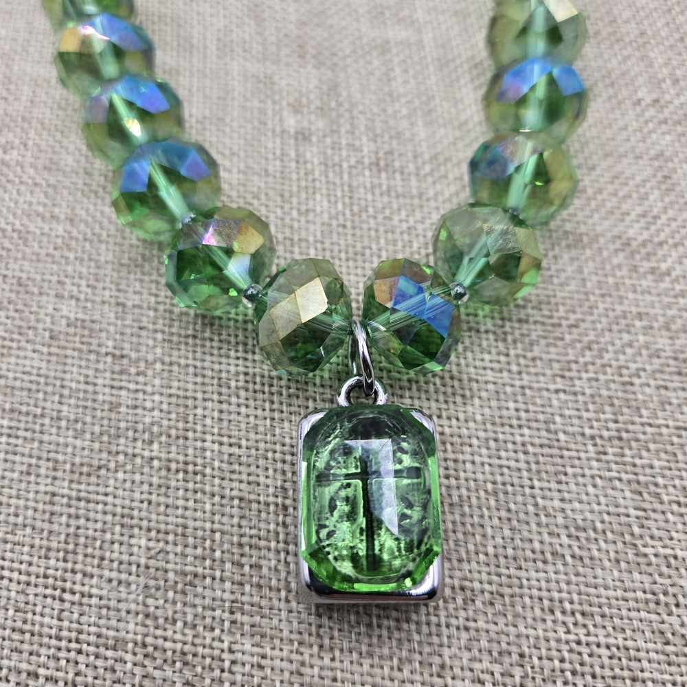Vibrant Vintage Cross Green Crystal Necklace